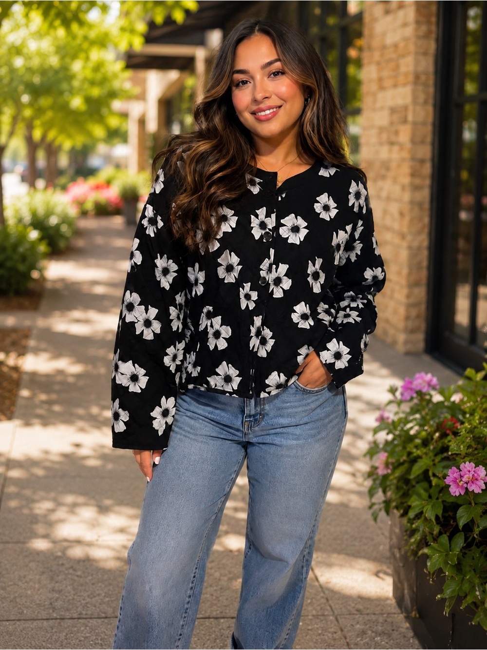 Scoop Black Floral  Jacket with White Blooms